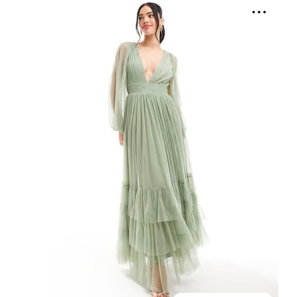 Lace & Beads Bridesmaid Madison long sleeve maxi dress in dusty sage size Us 4